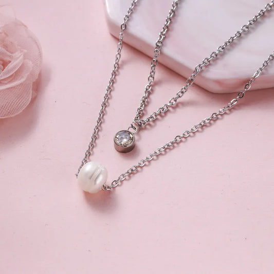 Collar Doble Acero con Perla Natural y Dije Cristal